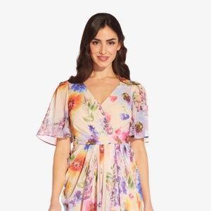 Adrianna Pappell Short Sleeve Surplice V-Neck Floral Printed Draped Chiffon Gown
